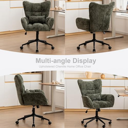Home Office Desk Chair, Modern Tufted Chenille Vanity Chair, Adjustable Upholstered Swivel Computer Chairs for Bedroom, Living Room，Green - color: Green