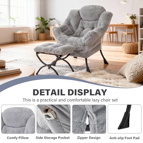 Modern Lazy Chair with Ottoman Lounge Accent Reading Chair for Living Room | Foldable Footstool,Removable Cover,with Armrests & Side Pockets,Upholstered Lounge Chair for Bedroom,Dorm,Office,Small Space - color: Plush Grey