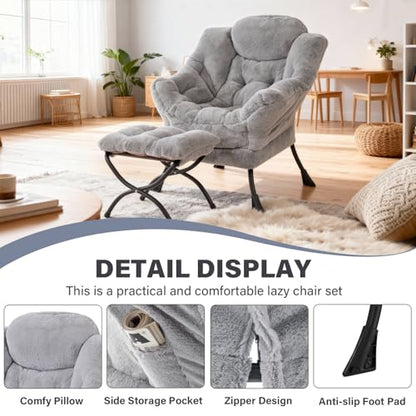 Modern Lazy Chair with Ottoman Lounge Accent Reading Chair for Living Room | Foldable Footstool,Removable Cover,with Armrests & Side Pockets,Upholstered Lounge Chair for Bedroom,Dorm,Office,Small Space - color: Plush Grey