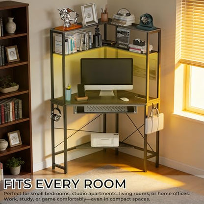 Corner Desk with Hutch and LED Light, Keyboard Tray, Carbon Black - color: Carbon Black