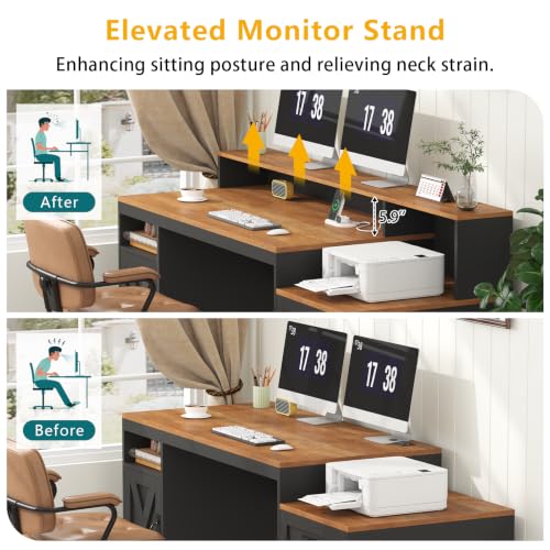 65" Farmhouse Computer Desk with Drawers and Printer Stand for Home Office | Office Desk with Power Outlets and Storage Cabinet, Study Writing Desks with Long Monitor Stand, Brown and Black - color: Brown and Black