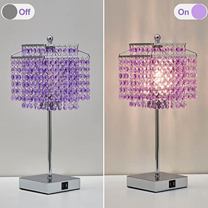 Luvkczc Crystal Table Lamp, Touch Lamp with USB C+A Ports, Dimmable Lamp with Crystal Shade, Purple Nightstand Lamp for Girl Bedroom, Living Room, Bulb Included - color: Purple