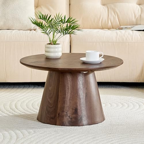 Walnut Coffee Table, 23.6" Small Coffee Table, Natural Wood Grain Round Tabletop with Wooden Cone Base, Round Living Room Table with Adjustable Feet, Mid Century Center Table for Apartment,Small Space - color: 23.6" Walnut Coffee Table