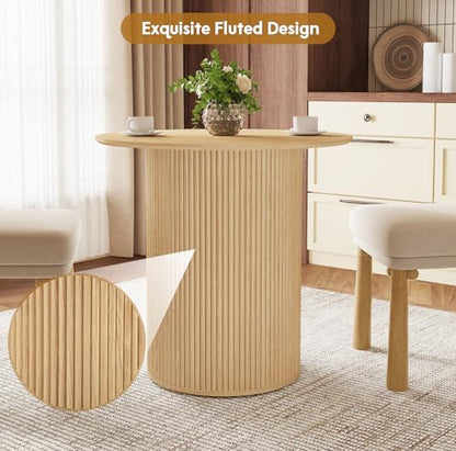 31.5" Round Dining Table for 2 People, Small Kitchen Dinner Table with Fluted Wood Base, Farmhouse Circle Dining Tables for Home, Kitchen, Dining Room, Living Room (Nature) - color: Natural