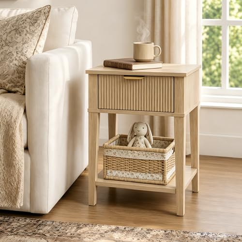 Natural Oak 15.4" Wide Small Nightstand with Drawer,Open Shelf,Fluted | Light oak tone, ribbed fluted front, 11.8-inch slim depth, concealed storage, airy fit for bedside, sofa side, or chair side - color: Natural Oak