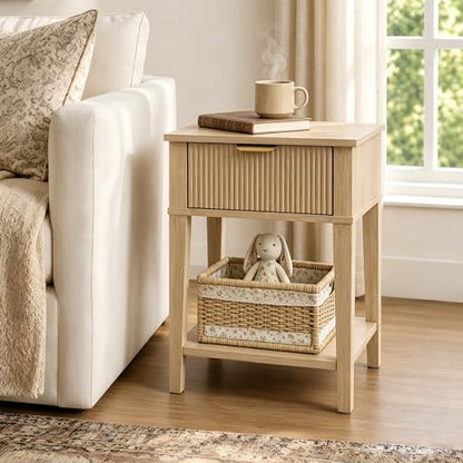 Natural Oak 15.4" Wide Small Nightstand with Drawer,Open Shelf,Fluted | Light oak tone, ribbed fluted front, 11.8-inch slim depth, concealed storage, airy fit for bedside, sofa side, or chair side - color: Natural Oak