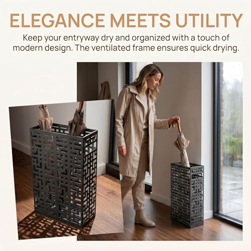 BEWBBAT Umbrella Stand Rack for Entryway, Hollow Metal Holder, FreeStanding Storage Bin for Long Umbrellas, Holds 6-7, Black