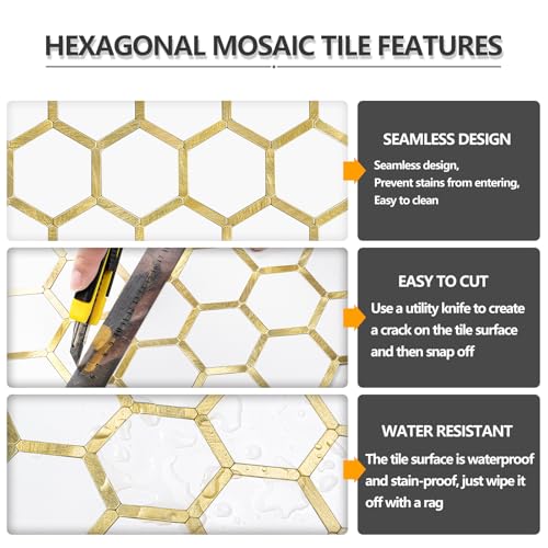 STICKGOO Hexagon Peel and Stick Backsplash Tile, Stick on Backsplash for Kitchen and Bathroom, Pure White PVC Mixed Metal Gold Self Adhesive Wall Tiles(10 Sheets, Seamless) - color: Pure White with Metal Gold