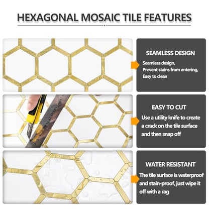 STICKGOO Hexagon Peel and Stick Backsplash Tile, Stick on Backsplash for Kitchen and Bathroom, Pure White PVC Mixed Metal Gold Self Adhesive Wall Tiles(10 Sheets, Seamless) - color: Pure White with Metal Gold