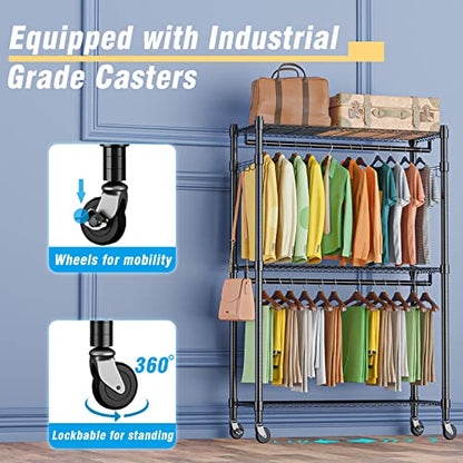 Homdox Rolling Garment Rack with Double Rod, Heavy Duty Clothing Rack with Shelves, Portable Clothes Rack, Free Standing Wardrobe Rack, with Lockable Wheels & Hanging Hooks, Max Load 450 LBS, Black - color: Black, size: 17.72"D x 47.24"W x 80.71"H