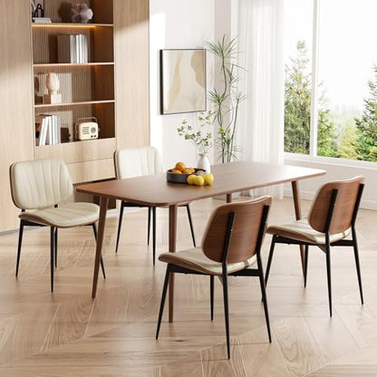 Dining Chairs Set of 6, Mid Century Modern Dining Room Chair, Upholstered Faux Leather Kitchen Chairs with Walnut Bentwood Back and Metal Legs for Kitchen Dining Room Living Room, Beige - color: Beige, size: Set of 6