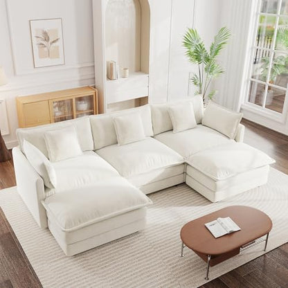 Modular Sectional Sofa, 111.5 Inch U Shaped Couch Set for Living Room, 3-Seater Comfy Cloud Couches with Movable Ottoman, DIY Combination, Chenille, Beige - color: Beige, size: 111.5 Inch- U