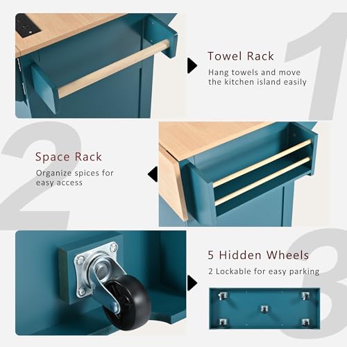 Kitchen Island with 2 Drop Leaf, Home Cart Island on Wheels Foldable Dining Table with Power Outlets,3 Drawers,Storage Cabinet, Tower Rack(Green) - color: Green