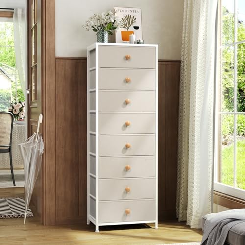 Fabric Dresser for Bedroom, 8 Drawer Tall Vertical Skinny Tower (Beige) | Wooden Top, Steel Frame, Easy Pull Bin,Organizer Unit for Living Room, Hallway, Entryway, Nursery, Closets - color: Beige, style: Narrow-8 Drawers