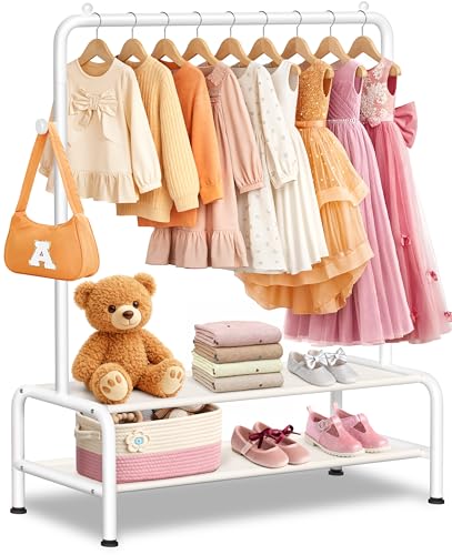 Kids Clothing Rack - Dress Up Clothes Rack - Baby Toddler Closet - Mini Freestanding Coat Racks with 2 Fabric Shelves - Small Kids Costume Wardrobe - Garment Rack for Hanging Clothes Organizer - color: White