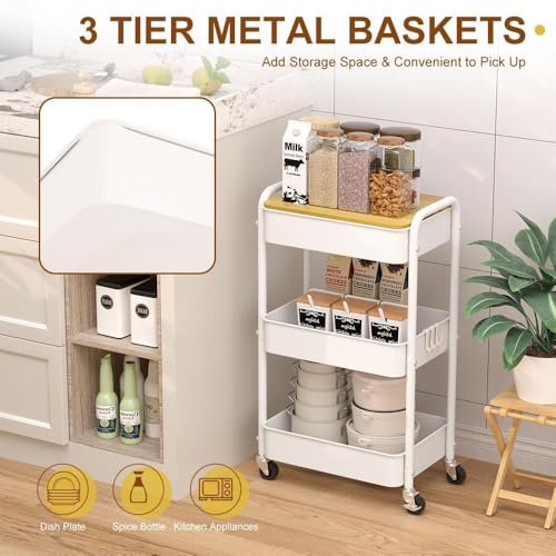 3 Tier Metal Utility Cart, Rolling Storage Cart with Wooden Tabletop, Metal Organizer Cart with Lockable Wheels for Office, Bedroom, Kitchen and Living Room (White) - color: White