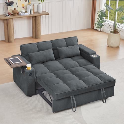 65'' 3-in-1 Folding Convertible Sofa Bed, Pullout Sofa, Modern Chenille Fabric, 360° Swivel Side Table, Easy Assembly, Perfect for Living Room, Grey - color: 1107-dark Grey