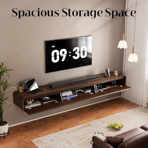 71" Floating TV Stand Wall Mounted, Floating Entertainment Center for TVs up to 80 inch, TV Media Console with Flip-Down Doors, Cable Management for Living Room Bedroom Walnut