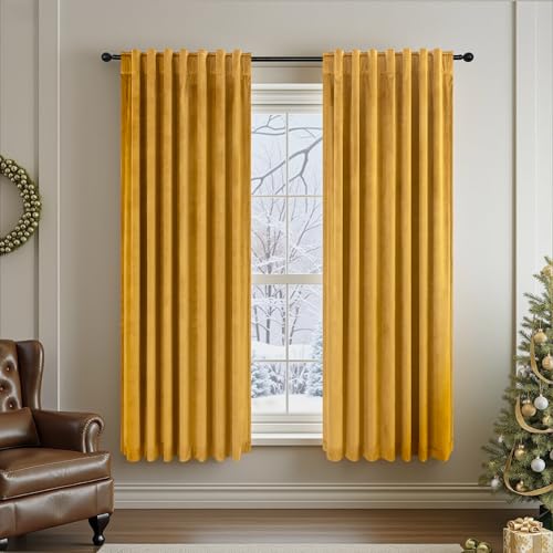 Halloween Warm Gold Velvet Curtains 72 Inch Length for Bedroom Living Room Darkening Drapes for Family Room Holiday Fete Back Loop Pocket Classic Privacy Panels for Summer Winter Mustard Yellow Golden - color: Gold, size: 52"W x 72"L (Pack of 2)