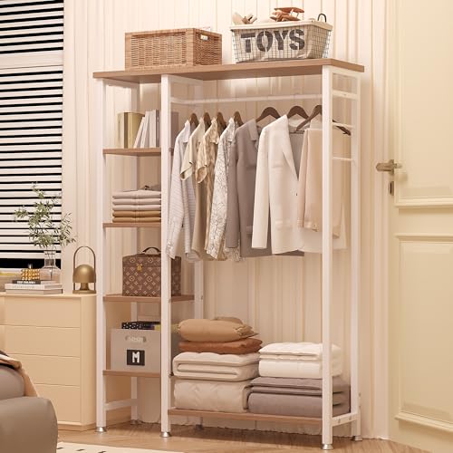 VECELO Open Garment Clothing Rack, Free-Standing Heavy Duty Storage Closet with 5 Shelves and Hanging Rod for Small Spaces, Max Load 350LBS, Nature White - color: Nature White