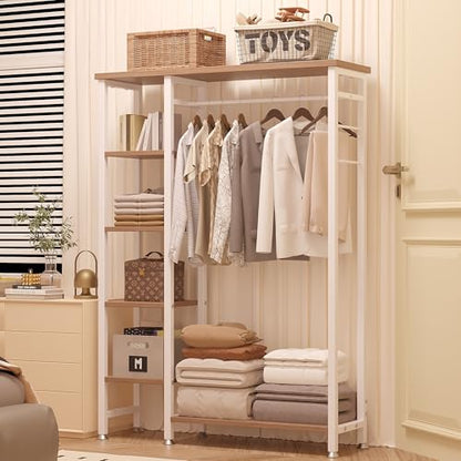 VECELO Open Garment Clothing Rack, Free-Standing Heavy Duty Storage Closet with 5 Shelves and Hanging Rod for Small Spaces, Max Load 350LBS, Nature White - color: Nature White