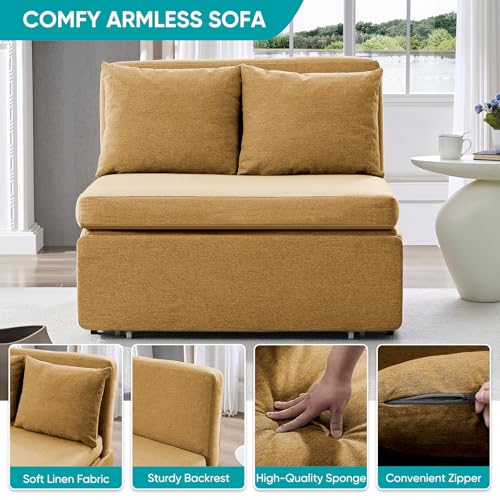 BALUS 43" W Twin Size Sleeper Couch Bed Pull Out Sofa with Pullout Beds, 2 in 1 Convertible Linen Single Sleepers Sofas Chair with Foldable Mattress and Pillows for Small Space Apartment, Yellow - color: Yellow, size: Twin