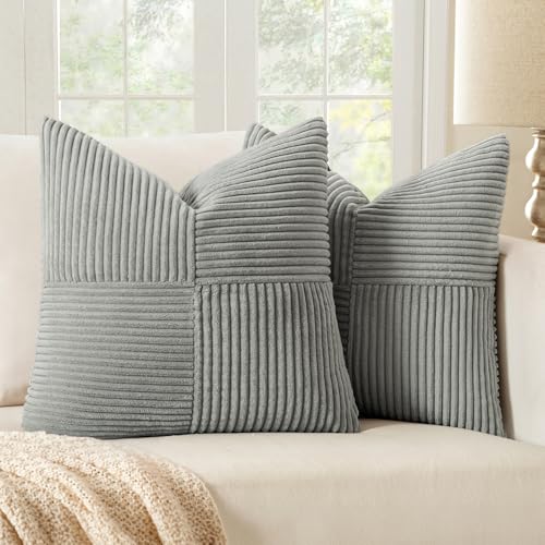MIULEE Silver Grey Decorative Throw Pillow Covers 16x16 Inch for Couch Bed Sofa Pack of 2 Boho Farmhouse Throw Pillows Soft Cross Corduroy Patchwork Textured Cushion Cases - color: Silver Grey, size: 16" x 16" (Pack of 2)