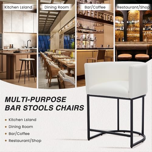 HNY White Modern Barrel Counter Height Clearance Bar Stools Set of 2, 24 Inch PU Leather Kitchen Barstools with Back for Island, with Black Metal Tubular Frame - color: 24inch White,black Base