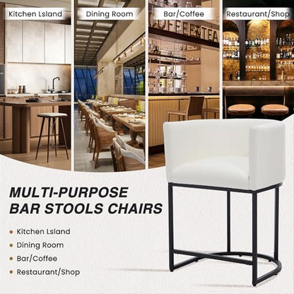 HNY White Modern Barrel Counter Height Clearance Bar Stools Set of 2, 24 Inch PU Leather Kitchen Barstools with Back for Island, with Black Metal Tubular Frame - color: 24inch White,black Base