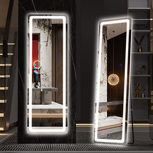 Hasipu Full Length Mirror with Lights, 56" x 16" LED Floor Mirror, Full Body Dressing Standing Mirror, Hanging Mounted Mirror for Living Room Bedroom Cloakroom, Round White