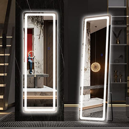 Hasipu Full Length Mirror with Lights, 56" x 16" LED Floor Mirror, Full Body Dressing Standing Mirror, Hanging Mounted Mirror for Living Room Bedroom Cloakroom, Round White