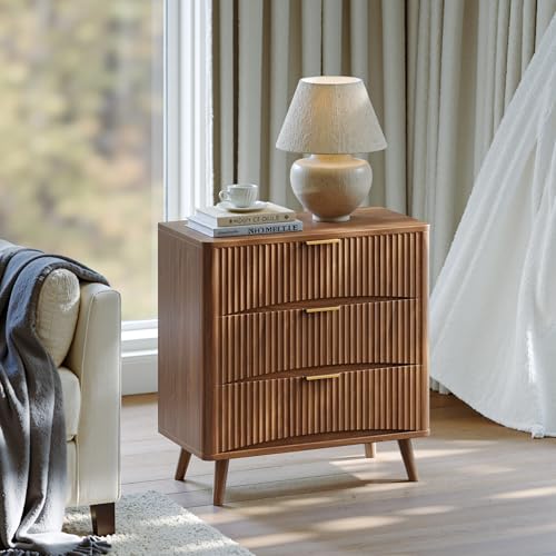 Evermagin 31.5" W Oversized Nightstands Set of 2 with 3 Drawers | Walnut Fluted Nightstand, Tall Large 3 Drawer Bedside Table, Mid Century Modern Side Table for Bedroom, livingroom - color: Walnut, size: 15.78"D x 31.5"W x 29.35"H (3 Drawers)