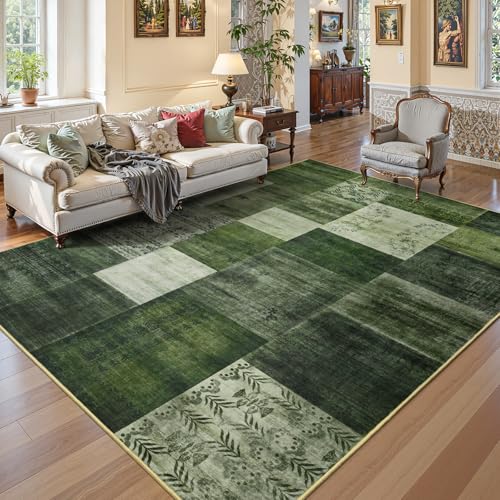 Washable Area Rugs 5x7 for Living Room, Modern Geometric Green Soft Patchwork Carpet, Non-Slip Stain Resistant Throw Rug for Bedroom Dining Room Office Home Decor - color: Green, size: 5 Ft X 7 Ft