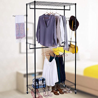 Black Double Rod Garment Rack with Wheels, Clothes Racks Storage for Hanging Clothes Heavy Duty (US STOCK)