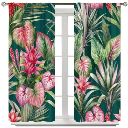 Tropical Palm Leaf Curtains, Pink Green Summer Monstera Leaves Jungle Plant Window Treatments Drapes for Bedroom Living Room Apartment 42" W X 45" L(No Blackout) - color: Flamingo-10, size: 20.5"W x 45"L (Pack of 2)