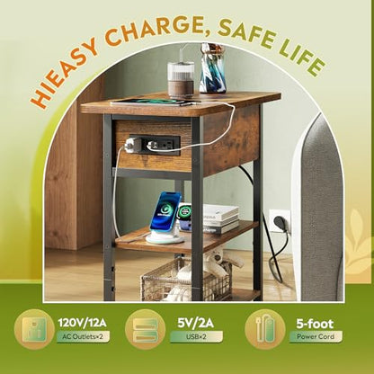 WLIVE 3-Tier End Table with Charging Station Flip Top Narrow Nightstand | 2 USB Ports+2 AC Outlets; Flip Top Hidden Storage; 2 Open Shelves; Small Space Living Room Bedroom; Sturdy Carbon Steel Frame - color: Rustic Brown