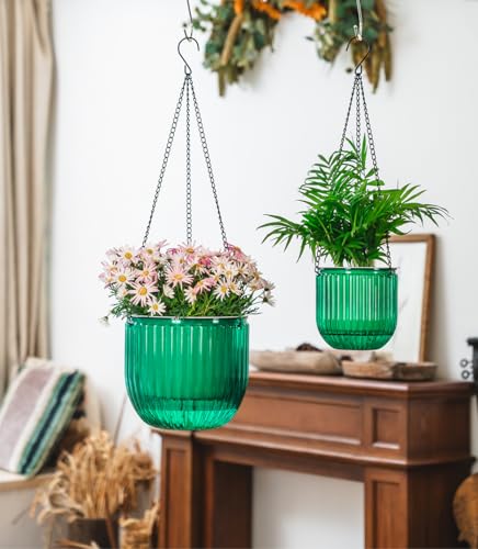 Josteve 5.2/8.2 Inch 2 Pcs Self Watering Hanging Planter Indoor Plant Pots Drainage Holes, Outdoor Small Hanging Planters Flower Pot Basket, Visible Water Level, Plant Hanger Home Decor, Gardening - color: Emerald, size: 2*5.2/8.2 inch