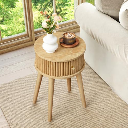 Round Fluted Side Table Set of 2, Small End Table with Fluted Drawer, Mid-Century Modern Wooden Bedside Table Round Nightstand Small Sofa Side Table for Living Room(Natural) - color: Natural, size: 15.7"D x 15.7"W x 23.6"H