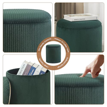 Round Storage Ottoman with Tray Lid | Upholstered Vanity Stool for Makeup, Ottomans Coffee Table, Small Foot Rest for Living Room Bedroom - color: Dark Green - Upgrade Taray Lid