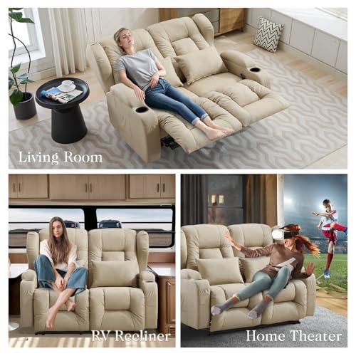 Loveseat Recliner Sofa,RV Wall Hugger Recliners for Small Spaces,Reclining Loveseat Sofa Recliner with Cup Holders/Lumbar Pillows,RV Furniture (Beige, 56" 2-Seater) - color: Beige, size: 56" 2-Seater