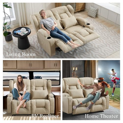 Loveseat Recliner Sofa,RV Wall Hugger Recliners for Small Spaces,Reclining Loveseat Sofa Recliner with Cup Holders/Lumbar Pillows,RV Furniture (Beige, 56" 2-Seater) - color: Beige, size: 56" 2-Seater