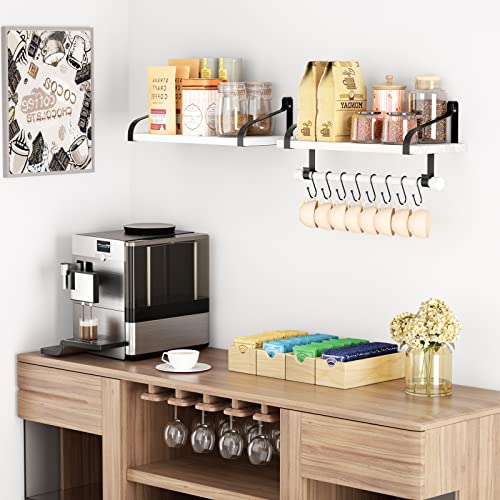 Love-KANKEI 17.3"Floating Wall Shelves Set of 2,Solid Wood,Coffee Bar,White | Spice Rack,Towel Bar/8 Hooks,39 Lbs/shelf,Easy to Install,For Kitchen,Bathroom,Living Room,Bedroom,Office,Entryway Display - color: White