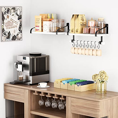 Love-KANKEI 17.3"Floating Wall Shelves Set of 2,Solid Wood,Coffee Bar,White | Spice Rack,Towel Bar/8 Hooks,39 Lbs/shelf,Easy to Install,For Kitchen,Bathroom,Living Room,Bedroom,Office,Entryway Display - color: White