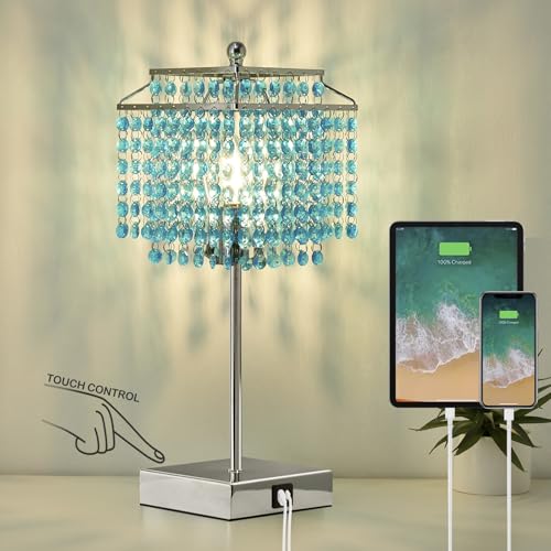 Luvkczc Crystal Table Lamp with Touch Control, Bedside Crystal Table Lamp with USB C+A Ports, Dimmable Lamp for Girls Bedroom, Living Room, Light Blue & B11 LED Bulb Included - color: Light Blue