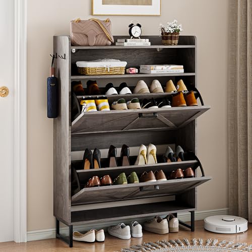 Shoe Storage Cabinet with 2 Flip Drawers, Narrow Wood Shoe Cabinet Storage for Entryway with Metal Legs & Hooks, Adjustable Shelves, Freestanding Shoe Rack Organizer for Foyer, Hallway, Grey - color: Grey, style: 2 Drawers