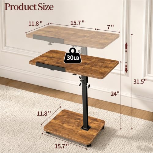 End Table Adjustable Height, 22.8"L Side Table Tv Tray with Wheels, 90° Tilting Panel Couch Table That Slides Under, Small End Table for Small Spaces, Overbed Bedside Desk Mobile Rolling Laptop Stand - size: 11.8 inch X 22.8 inch