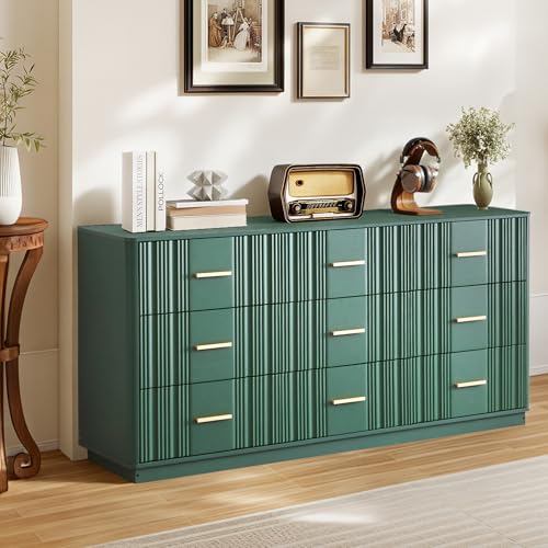 Fluted 9 Drawer Dresser,59"Wide Modern Chest of Drawers with Sturdy Base,Wood Closet Organizers,TV Stand,Storage Dresser with 9 Deep Drawers for Bedroom Living Room Hallway Entryway Nursery(Green) - color: 47" Wide Walnut