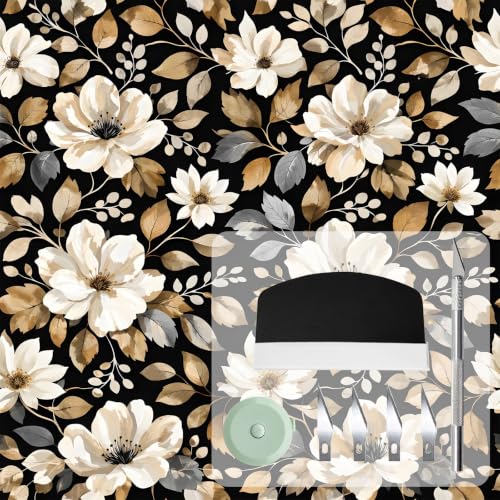 Peel and Stick Wallpaper17.3 X118 in, Dark Floral Leaf, Vintage Self-Adhesive Removable Wall Mural, Waterproof Accent Easy to Install for Living Room Bedroom Kitchen Walls - color: Golden Floral, size: 17.3"X118"