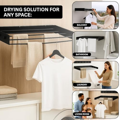 Wall Mounted Drying Racks for Laundry (31.5 Inches Wide) – Retractable Clothes Drying Rack wall Mounted with Carbon Steel Panel 6 Knobs & 5 Aluminium rods, Wall Drying Rack with Screws (Black) - color: Black