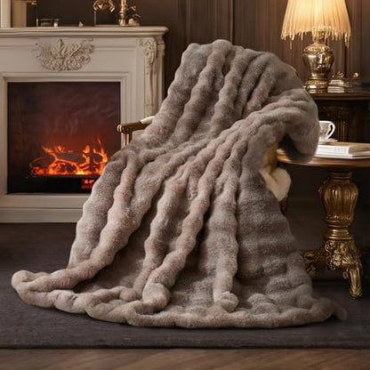 Faux Fur Throw Blanket, Ultra Soft Fuzzy Plush Bubble Blanket for Couch, Bed & Living Room, 60"x80", Cationic Bear Brown - color: Heather Brown, size: 60" x 80"